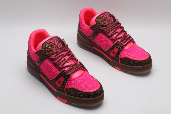 A single pink and brown Louis Vuitton LV Trainer sneaker