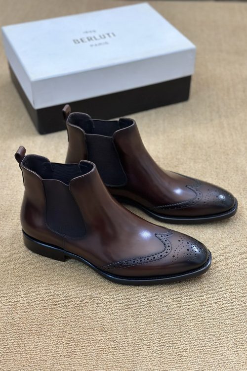 Berluti Patina Chelsea Boots with Brogue Detail & Elastic Gussets
