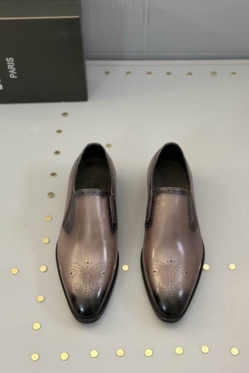 Berluti Polished Leather Slip-On Dress Shoes with Brogue Detail