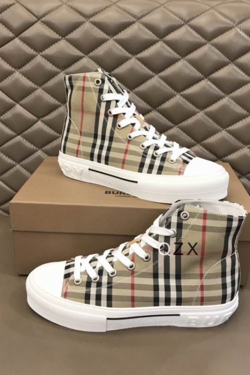 Burberry Tan and Black High-Top Sneaker with Striped Accents