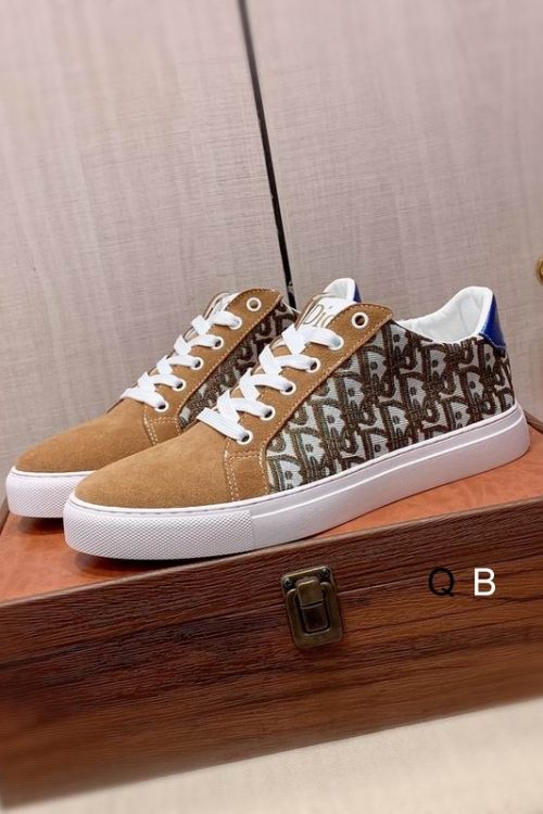 Dior Low-Top Sneaker in Tan/Brown, White and Gray Patterns