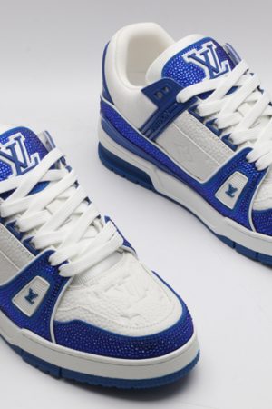 A single white and blue Louis Vuitton LV Trainer sneaker