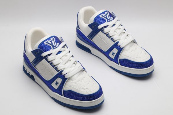 A single white and blue Louis Vuitton LV Trainer sneaker