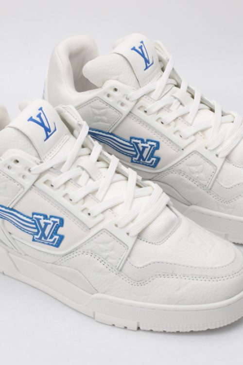 Louis Vuitton White & Blue LV Trainer Basketball Sneakers